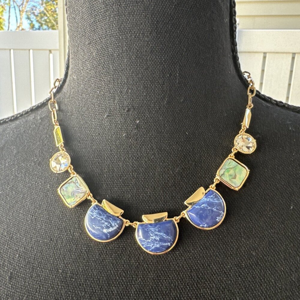 Isaac Mizrahi 20" CZ Gold Necklace Blue Green Marble Stone Accents Statement NEW